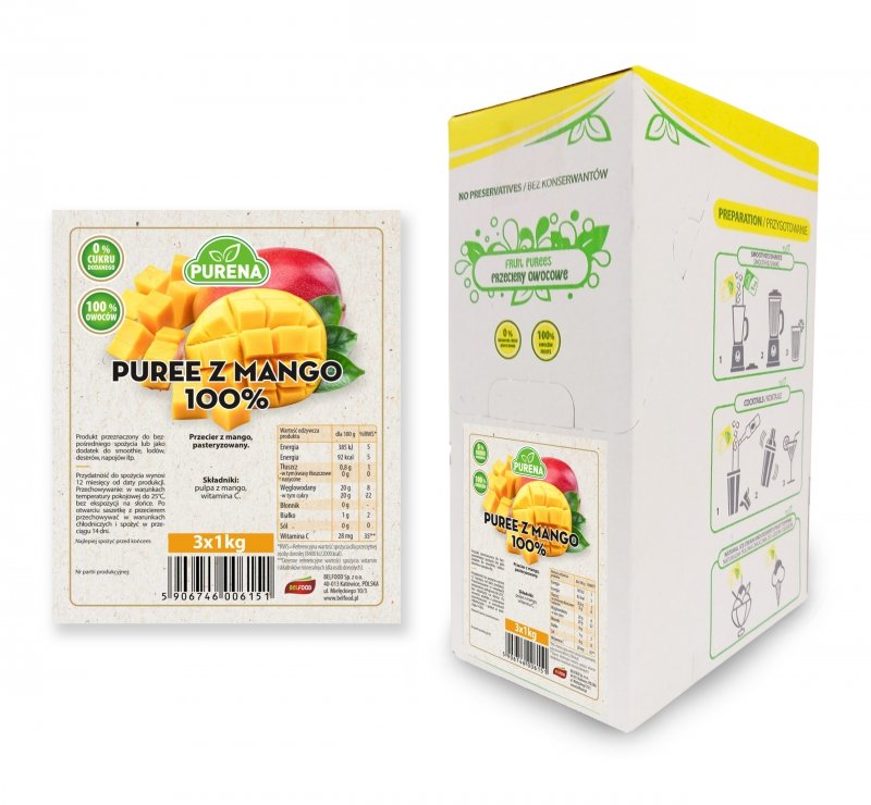 Pulpa (puree) owocowe 100% z mango 3x1kg