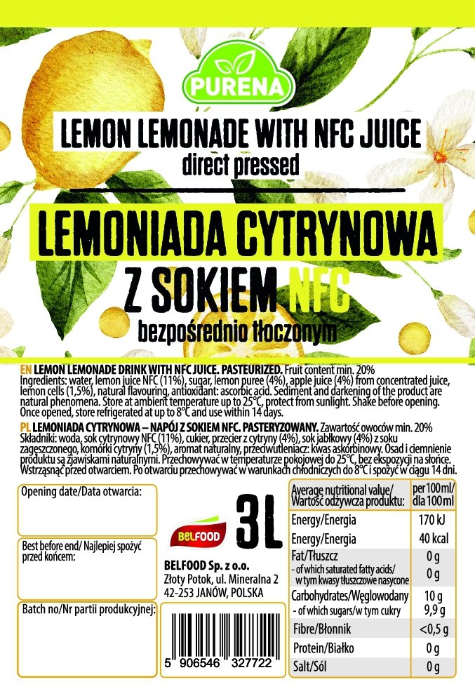 Lemoniada cytrynowa z sokiem tłoczonym na zimno PREMIUM NFC 3l