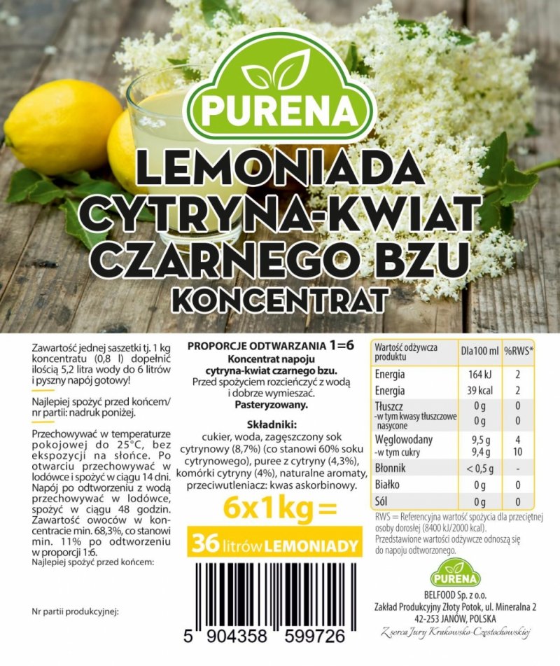 Lemoniada cytryna-kwiat czarnego bzu koncentrat 1kg na 6l