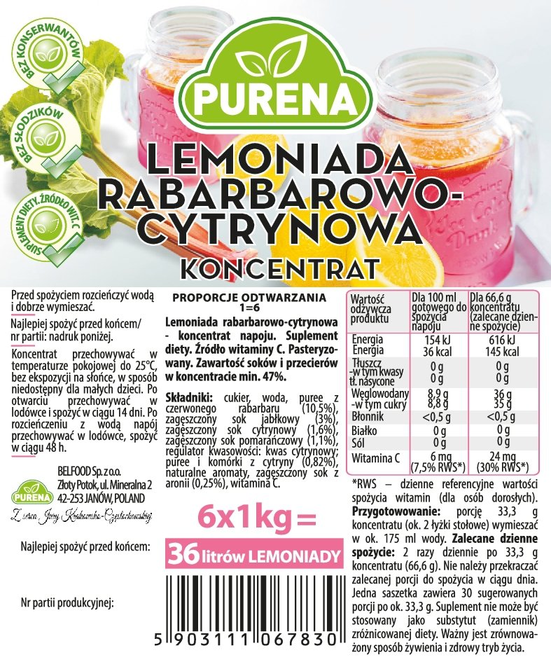 Lemoniada rabarbar-cytryna koncentrat 1 kg na 6 L