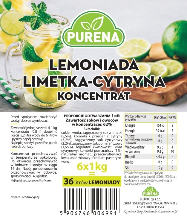 Lemoniada limetka-cytryna koncentrat 1kg na 6l