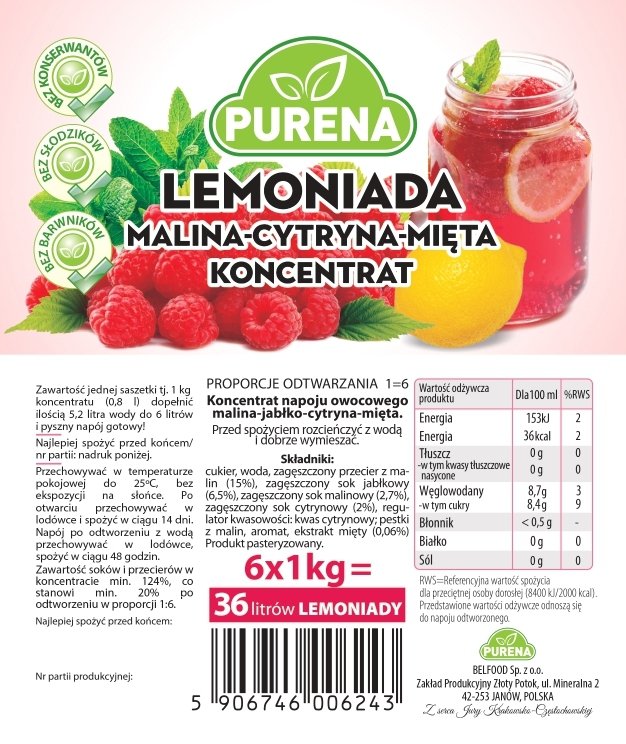 Lemoniada malina-cytryna-mięta koncentrat 1kg na 6l