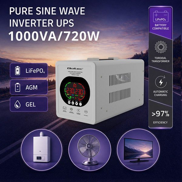 Qoltec Zasilacz awaryjny UPS Pure Sine Wave | 1000VA/720W | Przetwornica12/230V z AVR | LCD | LiFePO4 AGM GEL