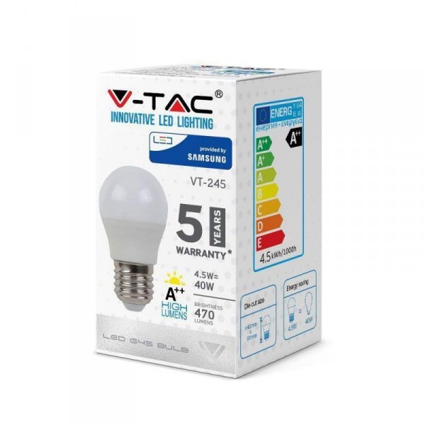 Żarówka LED V-TAC SAMSUNG CHIP 4.5W E27 Kulka G45 VT-245 6400K 470lm 5 Lat Gwarancji