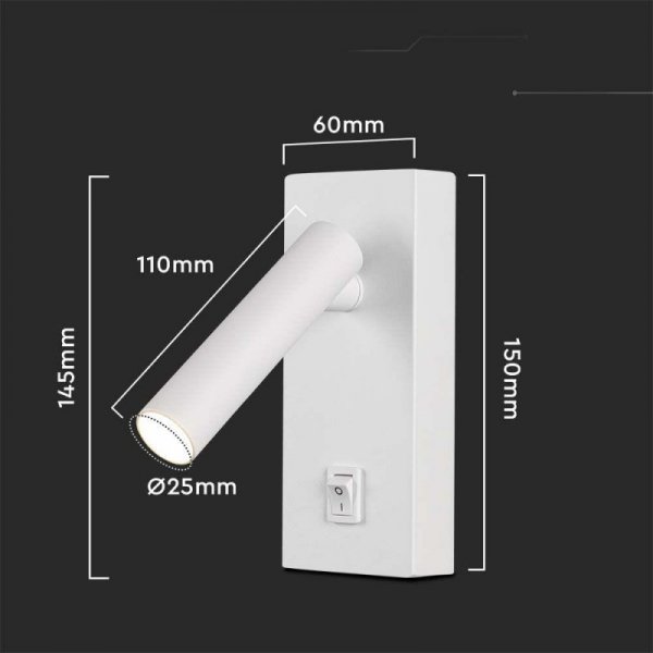 Oprawa LED V-TAC 2W kinkiet hotel łóżko włącznik biały VT-402 4000K 150lm