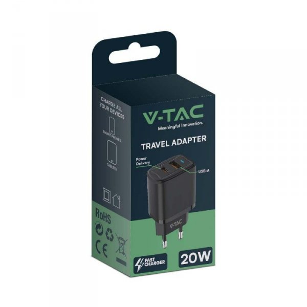Ładowarka USB V-TAC szybka 20W czarna mini dual USB type-A type-C VT-3530