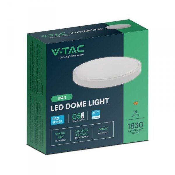 Plafon V-TAC 18W LED SAMSUNG CHIP Okrągły 25cm Natynkowy IP44 Biały VT-8618 3000K 1830lm 5 Lat Gwarancji