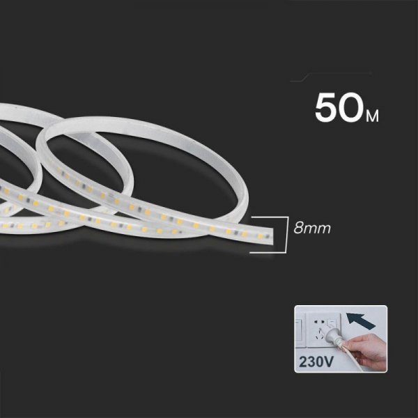 Taśma LED 230V V-TAC RĘKAW IP65 120LED/m 10,5W/m Rolka 50mb VT-2835 121-50M 3000K 1000lm