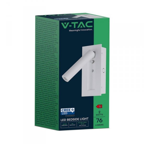 Oprawa LED V-TAC 2W COB CREE kinkiet biały hotel łóżko włącznik VT-88061-W 3000K 76lm