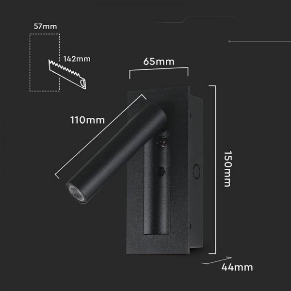 Oprawa LED V-TAC 2W COB CREE kinkiet czarny hotel łóżko włącznik VT-88061-B 3000K 76lm