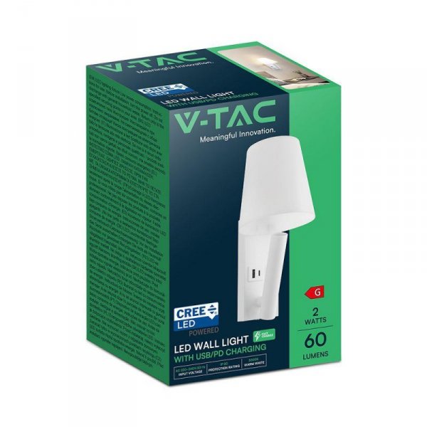 Oprawa LED V-TAC 2W COB CREE kinkiet biały hotel łóżko USB+USB C klosz VT-80062-W 3000K 60lm