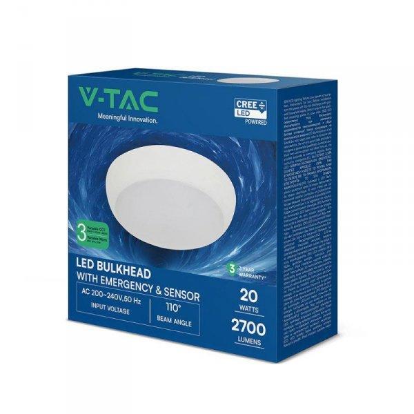Oprawa sufitowa plafoniera V-TAC 8W/16W/20W LED czujnik/CCT/awaria 3godziny CREE CHIP IP65 IK08 VT-8633 3000K-4000K-6400K 2700lm
