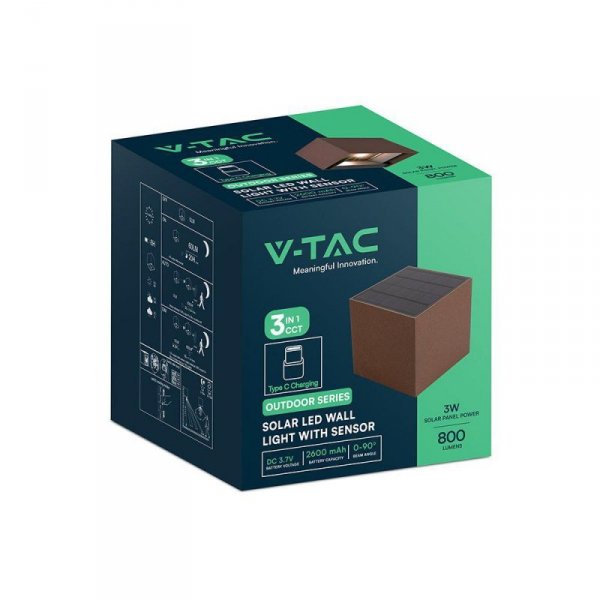 Oprawa ścienna solarna/USB V-TAC 9W LED COB brąz corten kostka 15x15cm IP65 czujnik ruchu VT-409CCT 3000K-4000K-5000K 800lm