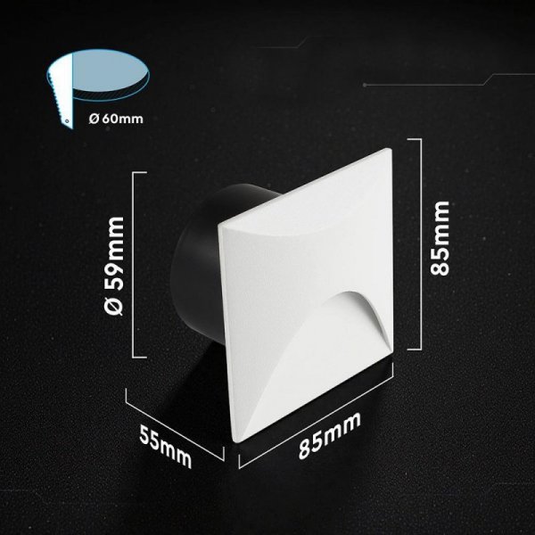 Oprawa schodowa aluminiowa 3W LED V-TAC kwadratowa biała 230V IP65 VT-44002SQ 3000K 230lm