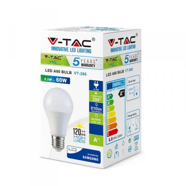 Żarówka LED V-TAC SAMSUNG CHIP 6.5W E27 A++ A60 VT-265 3000K 806lm 5 Lat Gwarancji