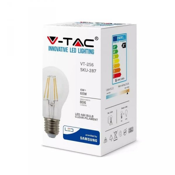 Żarówka LED V-TAC SAMSUNG CHIP 6W E27 Filament A++ A60 VT-256 2700K 806lm 3 Lata Gwarancji