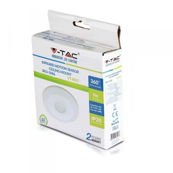 Czujnik Ruchu 360st V-TAC Natynkowy Sufitowy SLIM 25mm Biały VT-8027