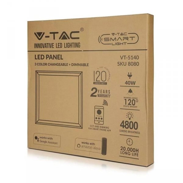 Panel LED V-TAC SMART 40W 600x600 3w1 120Lm/W SMART WiFi Amazon Alexa Google Home VT-5140 2700K-6400K 4800lm