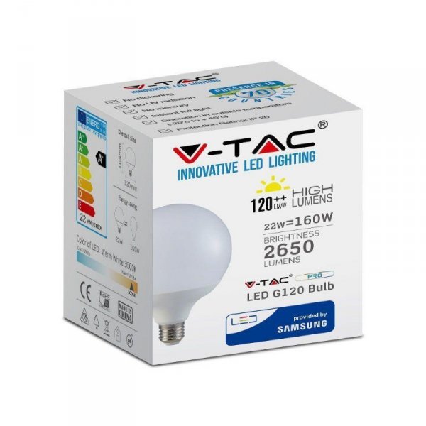 Żarówka LED V-TAC SAMSUNG CHIP 22W E27 G120 120Lm/W VT-242 4000K 2650lm 5 Lat Gwarancji