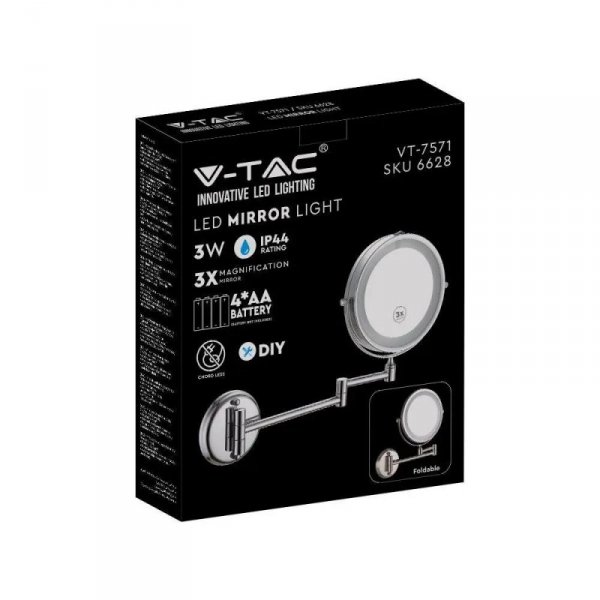 Lustro Ścienne V-TAC 3W LED Łazienka Makijaż 4xAAA Fi.17CM Chrom VT-7571 6400K 30lm