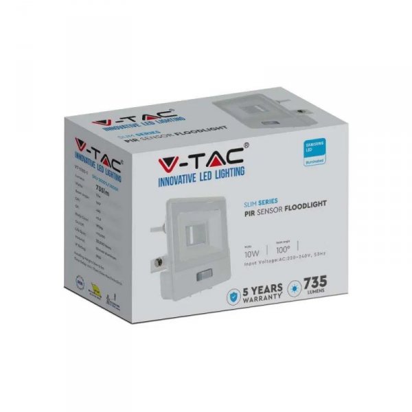 Projektor LED V-TAC 10W SAMSUNG CHIP Czujnik Ruchu Biały Przewód 1M VT-118S 3000K 735lm 5 Lat Gwarancji