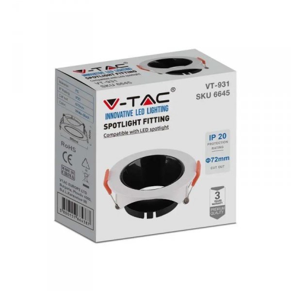 Oczko V-TAC GU10 Wpuszczane Okrągłe Białe/Czarne VT-931 3 Lata Gwarancji