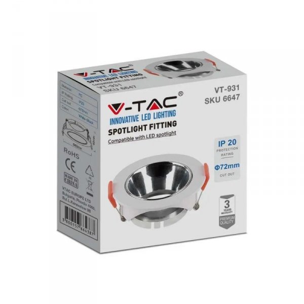 Oczko V-TAC GU10 Wpuszczane Okrągłe Białe/Chrom VT-931 3 Lata Gwarancji