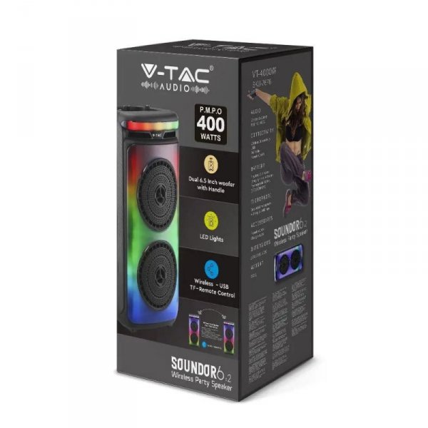 Głośnik Przenośny V-TAC 400W Mikrofon Pilot BT USB TF FM AUX TWS KARAOKE VT-4000W