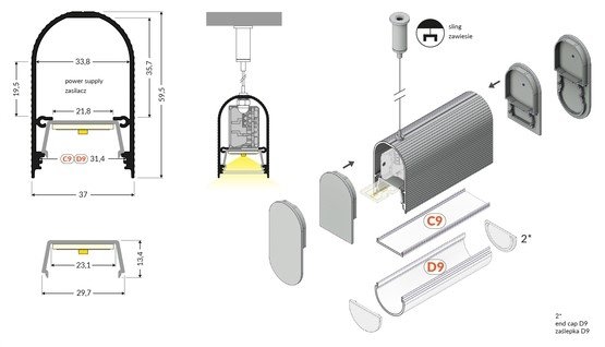 LAMPA LINIOWA NAMI CZARNA/BIAŁA/SUROWA 100W 2M. NA WYMIAR