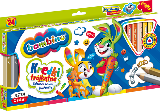 Kredki trójkątne Bambino w oprawie drewnianej 24 kolory z temperówką