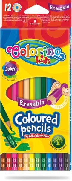 Kredki ołówkowe Colorino Kids heksagonalne wymazywalne z gumką 12 kolorów