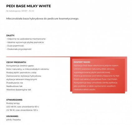          PEDI BASE Milky White - Baza hybrydowa do pedicure, mlecznobiała