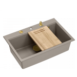 Quadron MARC 110 WORKSTATION GraniteQ zlewozmywak 1-komorowy 760*500*235 mm soft taupe + syfon push to open + dozownik + deska + wkładka / elementy złote HQM7650U4PVDG1