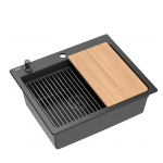 Quadron | KURT 110 | kuchenny zlewozmywak granitowy CZARNY mat | wymiary: 59,5 x 50 x 21,5 cm | akcesoria: syfon, dozownik, deska, Qmata | 1-komorowy wpuszczany | podbudowa szafki: od 60 cm HCQK5052BLMPC