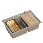 Quadron MARC 120 WORKSTATION GraniteQ zlewozmywak 2-komorowy 760*500*235 mm soft taupe + syfon push to open + dozownik + deska + wkładka / elementy miedziane HQC7650U4PVDC1