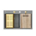 Quadron MARC 120 WORKSTATION GraniteQ zlewozmywak 2-komorowy 760*500*235 mm silver stone + syfon push to open + dozownik + deska + wkładka / elementy złote HQC7650U5PVDG1