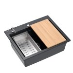 Quadron | KURT 110 | kuchenny zlewozmywak granitowy CZARNY kropkowany | wymiary: 59,5 x 50 x 21,5 cm | akcesoria: syfon, dozownik, deska, Qmata, wkładka ociekowa | 1-komorowy wpuszczany | podbudowa szafki: od 60 cm HCQK5052CZK