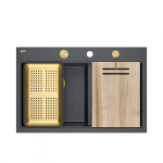 Quadron MARC 120 WORKSTATION GraniteQ zlewozmywak 2-komorowy 760*500*235 mm black diamond + syfon push to open + dozownik + deska + wkładka / elementy złote HQC7650U8PVDG1