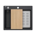 Quadron | KURT 110 | kuchenny zlewozmywak granitowy CZARNY kropkowany | wymiary: 59,5 x 50 x 21,5 cm | akcesoria: syfon, dozownik, deska, Qmata, wkładka ociekowa | 1-komorowy wpuszczany | podbudowa szafki: od 60 cm HCQK5052CZK