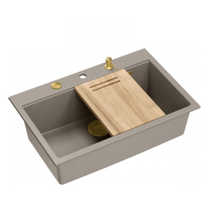 Quadron MARC 110 WORKSTATION GraniteQ zlewozmywak 1-komorowy 760*500*235 mm soft taupe + syfon push to open + dozownik + deska + wkładka / elementy złote HQM7650U4PVDG1