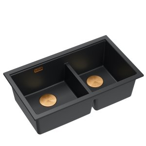 QUADRON | LOGAN 120 | granitowy zlewozmywak kuchenny PURE CARBON + MIEDŹ PVD | wymiar: 76 x 45 x 23,5 cm | 2-komorowy wpuszczany | podbudowa szafki od: 80 cm HQL7645U7PVDC1I