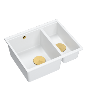 QUADRON | LOGAN 150 | granitowy zlewozmywak kuchenny BIAŁY + ZŁOTO PVD | wymiary: 55,5 x 46 x 22 cm | 1,5-komorowy podwieszany | podbudowa szafki od: 60 cm HCQL5646U1G1U