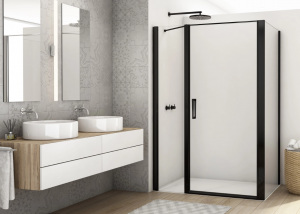 Ronal drzwi wahadłowe jednoczęściowe ze ścianką stałą w linii 130x200 cm, szkło przezroczyste, profile BLACK LINE czarny mat D22T31080500607