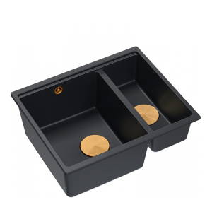 QUADRON | LOGAN 150 | granitowy zlewozmywak kuchenny CZARNY mat + MIEDŹ PVD | wymiary: 55,5 x 46 x 22 cm | 1,5-komorowy podwieszany | podbudowa szafki od: 60 cm HCQL5646U7C1U