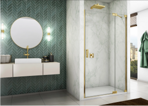 Ronal Sanswiss drzwi wahadłowe jednoczęściowe z elementem stałym w linii 60-140x0-200 cm, szkło przezroczyste, profile GOLD LINE profil złoty CA13DSM11207