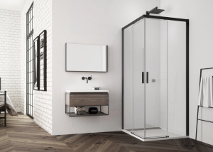 Ronal wejście narożne prawe z drzwiami rozsuwanymi, kabina asymetryczna 120x200 cm, szkło Durlux 200, profile BLACK LINE czarny mat TLSD1200622