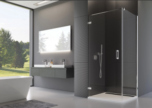 Ronal Sanswiss ścianka boczna 90° lub w linii 100,1-160x0-200 cm, szkło pas satynowy poziomy, profile chrom PUDT2PSM41051