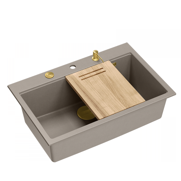 Quadron MARC 110 WORKSTATION GraniteQ zlewozmywak 1-komorowy 760*500*235 mm soft taupe + syfon push to open + dozownik + deska + wkładka / elementy złote HQM7650U4PVDG1