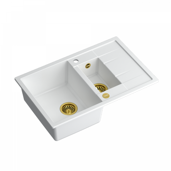 QUADRON MORGAN 156 GraniteQ zlew 1,5 komory snow white/elementy złote 780x500x220 HB8224U1G1P2O