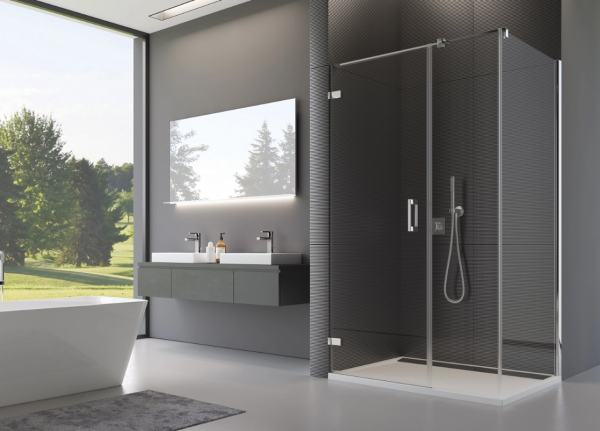 Ronal Sanswiss ścianka boczna 90° lub w linii 80x200 cm, szkło pas satynowy poziomy, profile chrom PUDT3P0801051